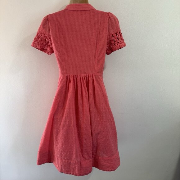 Vtg Y2K Maeve Anthropologie Dress 4 Swiss Dot Crochet Pink Orange Retro Pinup - Picture 8 of 12